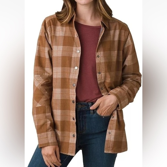 Prana Large Camel Porter Park Neutral Plaid Button Down Flannel Shacket Y1 - Picture 2 of 8